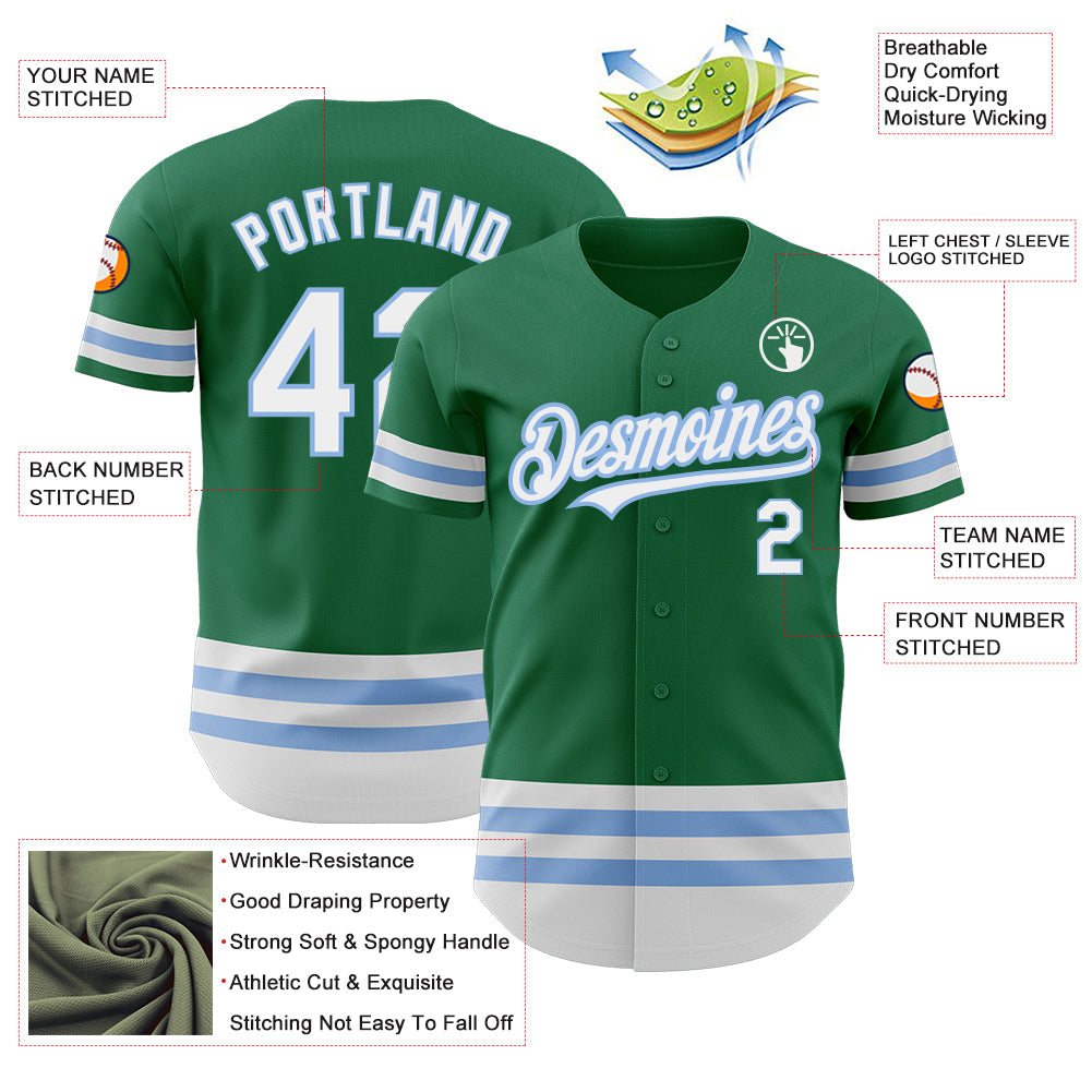 Custom Kelly Green White-Light Blue Line Authentic Baseball Jersey view 3