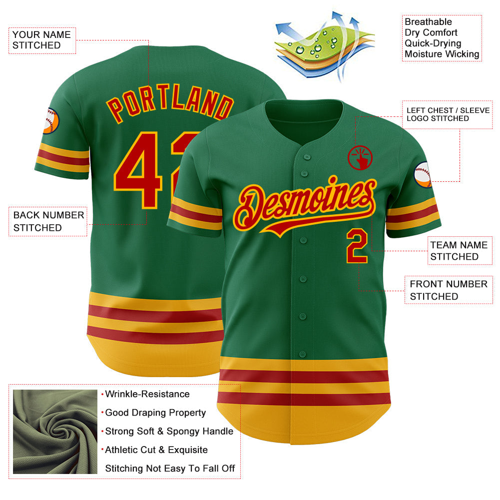 Custom Kelly Green Red-Gold Line Authentic Baseball Jersey view 3
