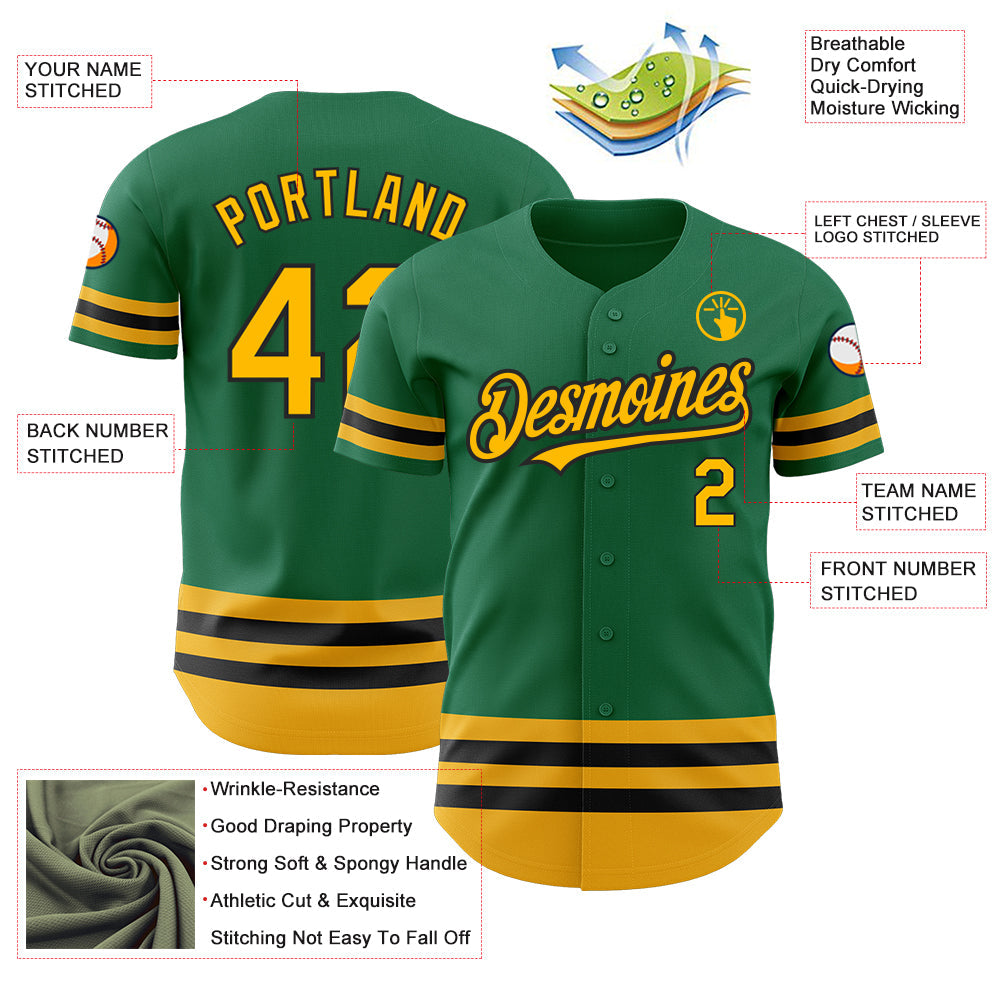 Custom Kelly Green Gold-Black Line Authentic Baseball Jersey view 3