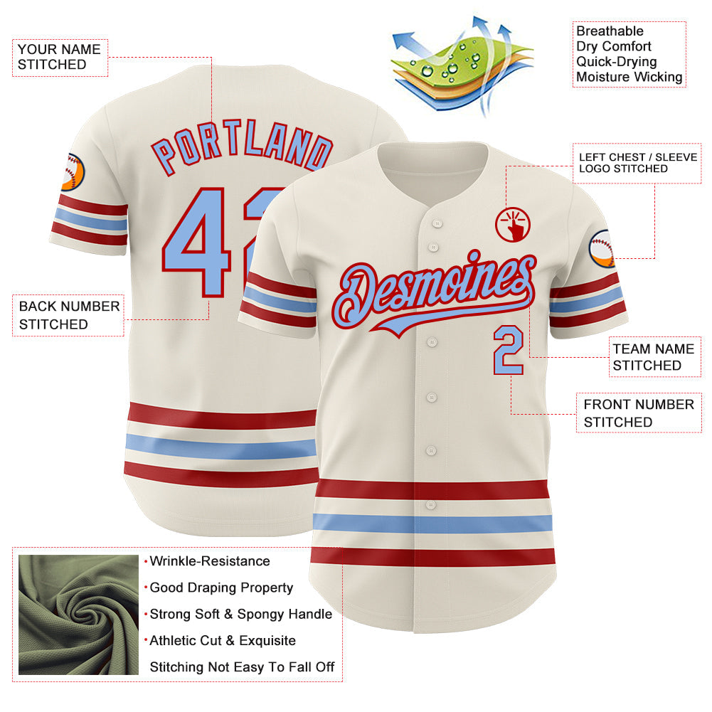 Custom Cream Light Blue-Red Line Authentic Baseball Jersey view 3
