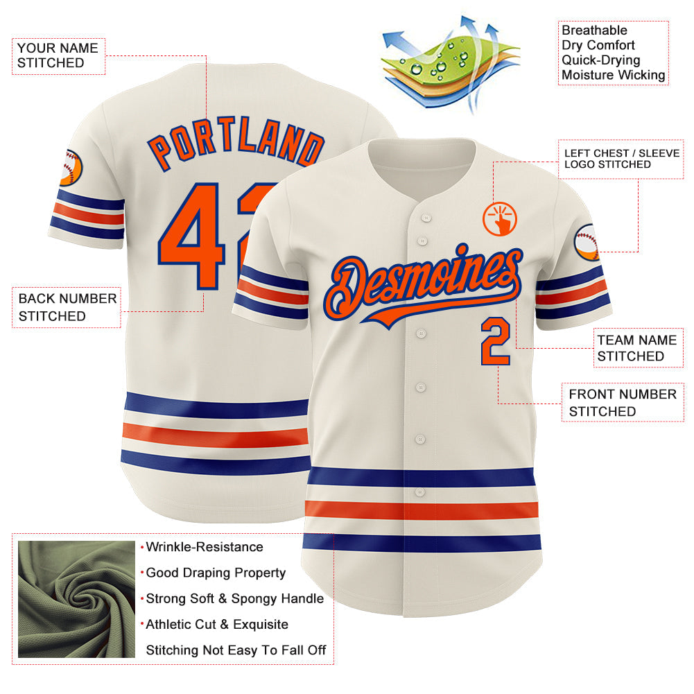 Custom Cream Orange-Royal Line Authentic Baseball Jersey view 3