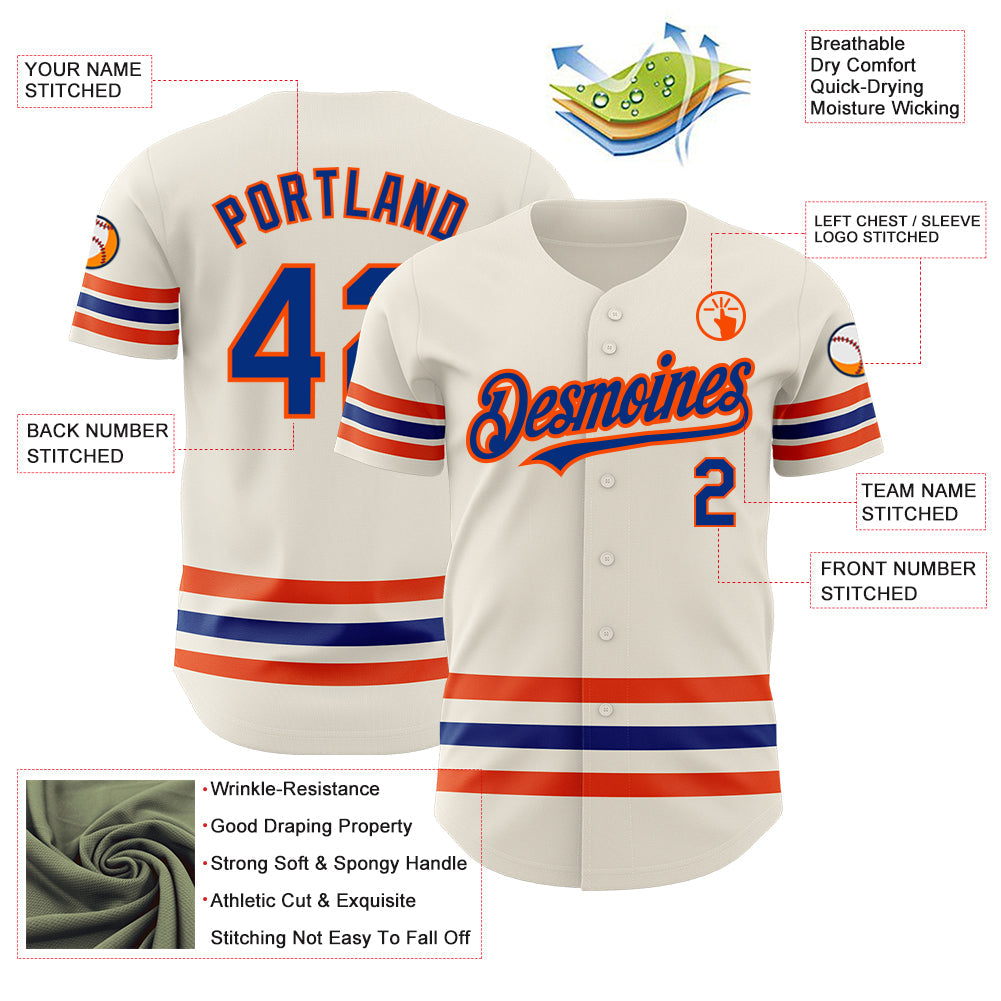 Custom Cream Royal-Orange Line Authentic Baseball Jersey view 3