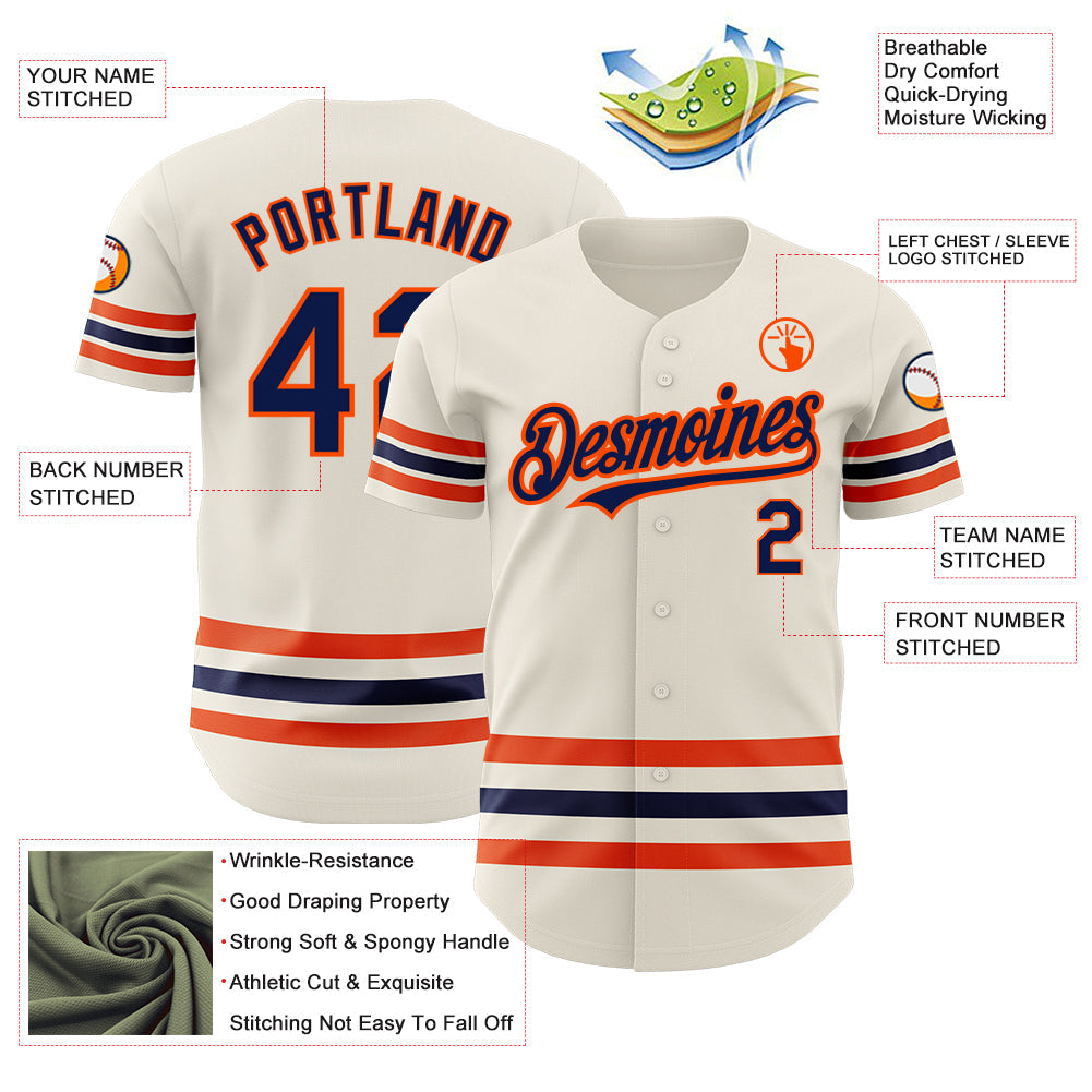 Custom Cream Navy-Orange Line Authentic Baseball Jersey view 3