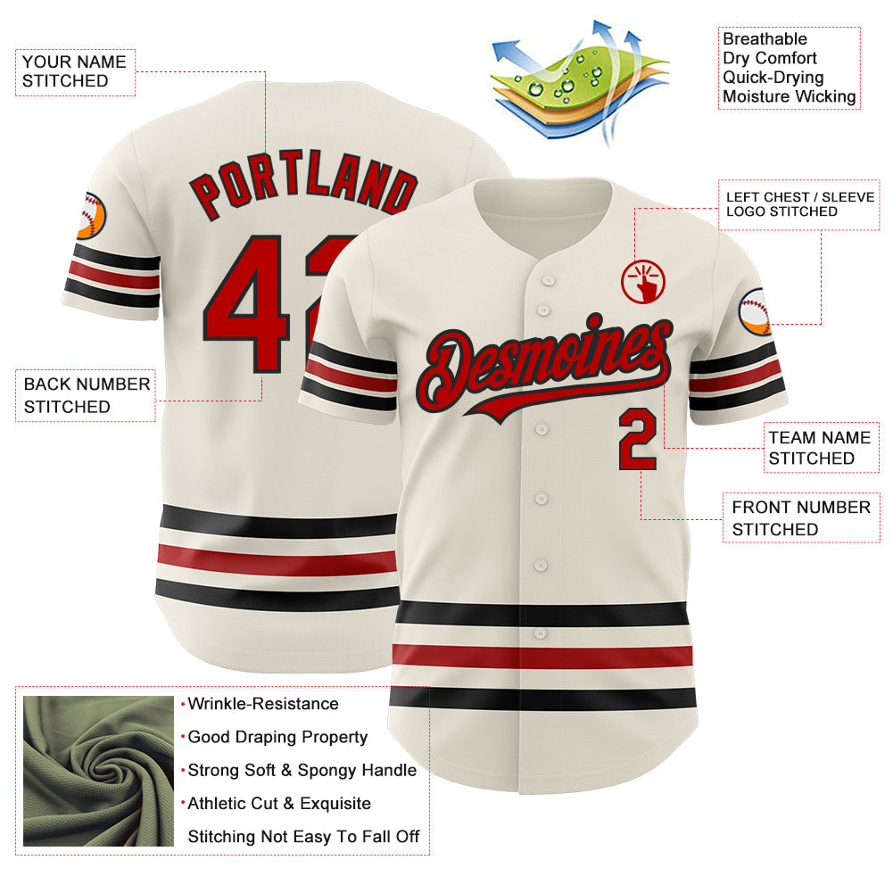 Custom Cream Red-Black Line Authentic Baseball Jersey view 3