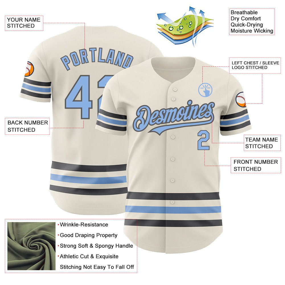 Custom Cream Light Blue-Steel Gray Line Authentic Baseball Jersey view 3