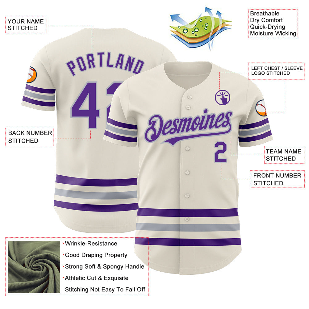 Custom Cream Purple-Gray Line Authentic Baseball Jersey view 3