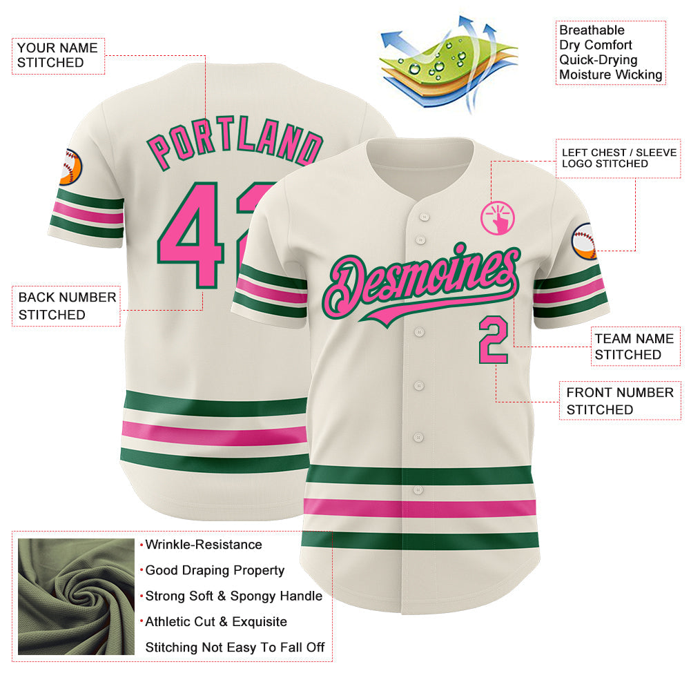 Custom Cream Pink-Kelly Green Line Authentic Baseball Jersey view 3