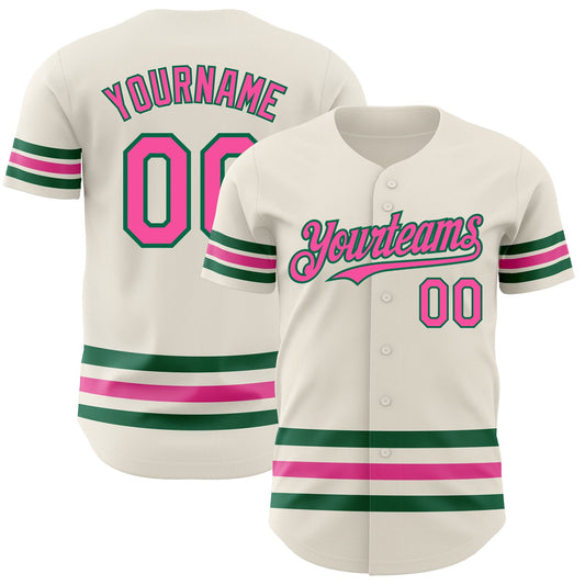 Custom Cream Pink-Kelly Green Line Authentic Baseball Jersey - Main View