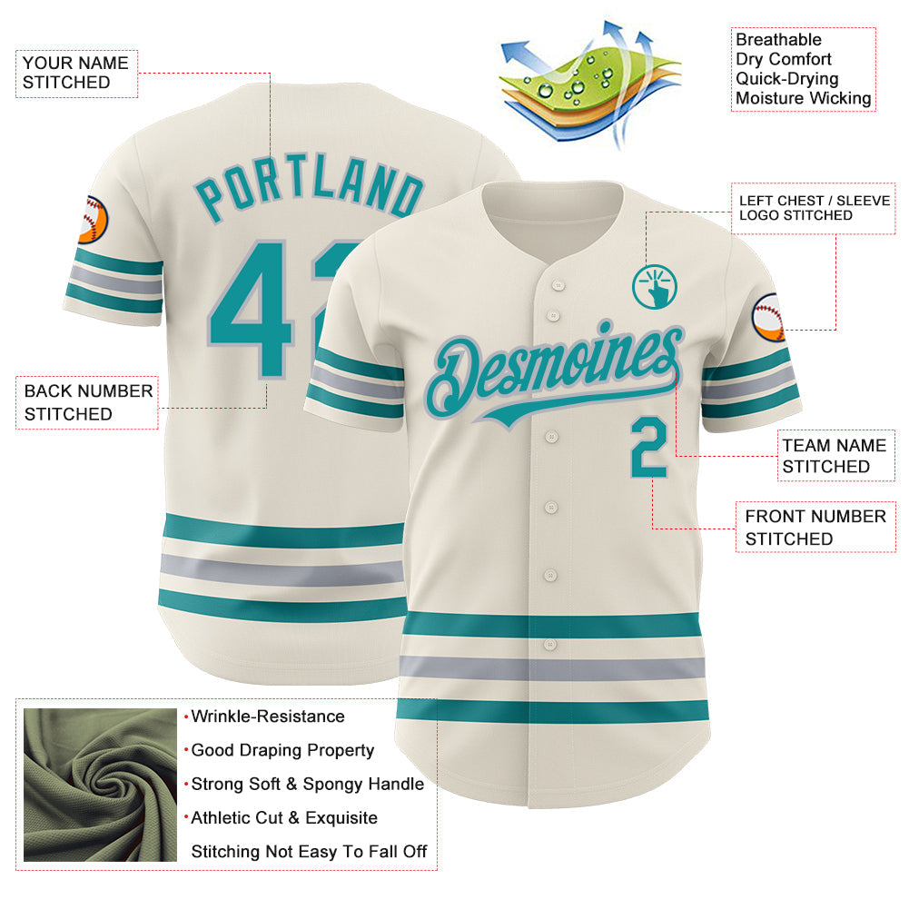 Custom Cream Teal-Gray Line Authentic Baseball Jersey view 3