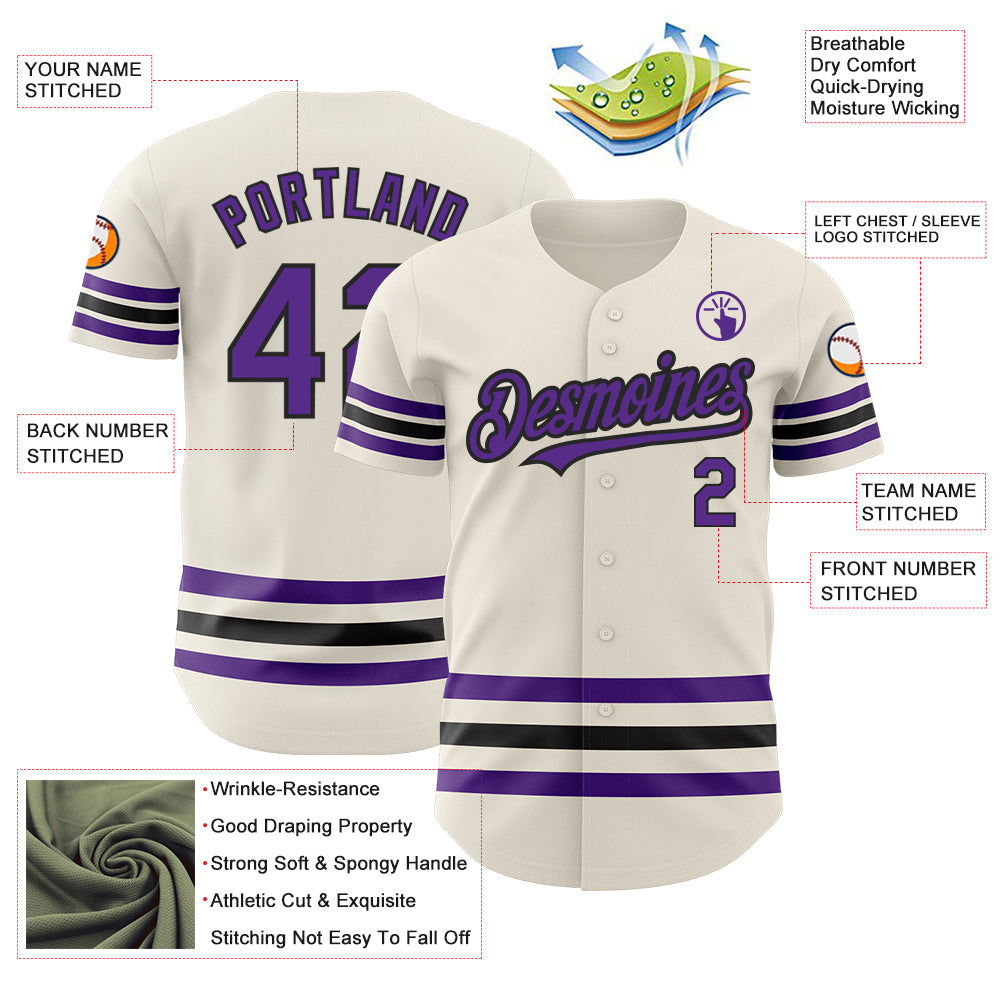 Custom Cream Purple-Black Line Authentic Baseball Jersey view 3