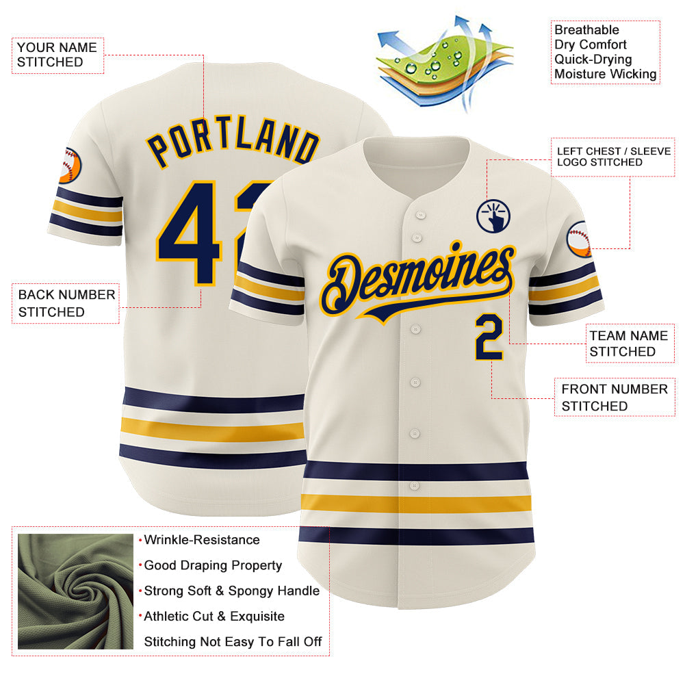 Custom Cream Navy-Gold Line Authentic Baseball Jersey view 3