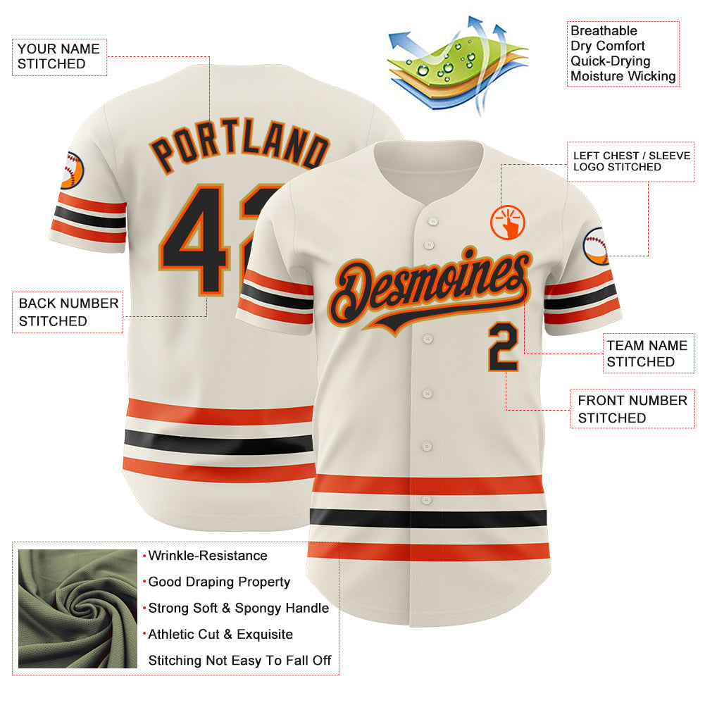 Custom Cream Black Orange-Old Gold Line Authentic Baseball Jersey view 3