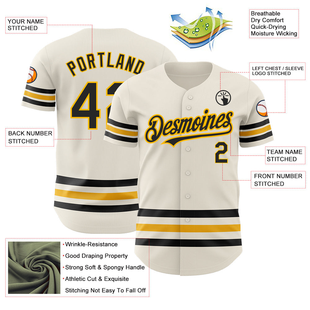 Custom Cream Black-Gold Line Authentic Baseball Jersey view 3