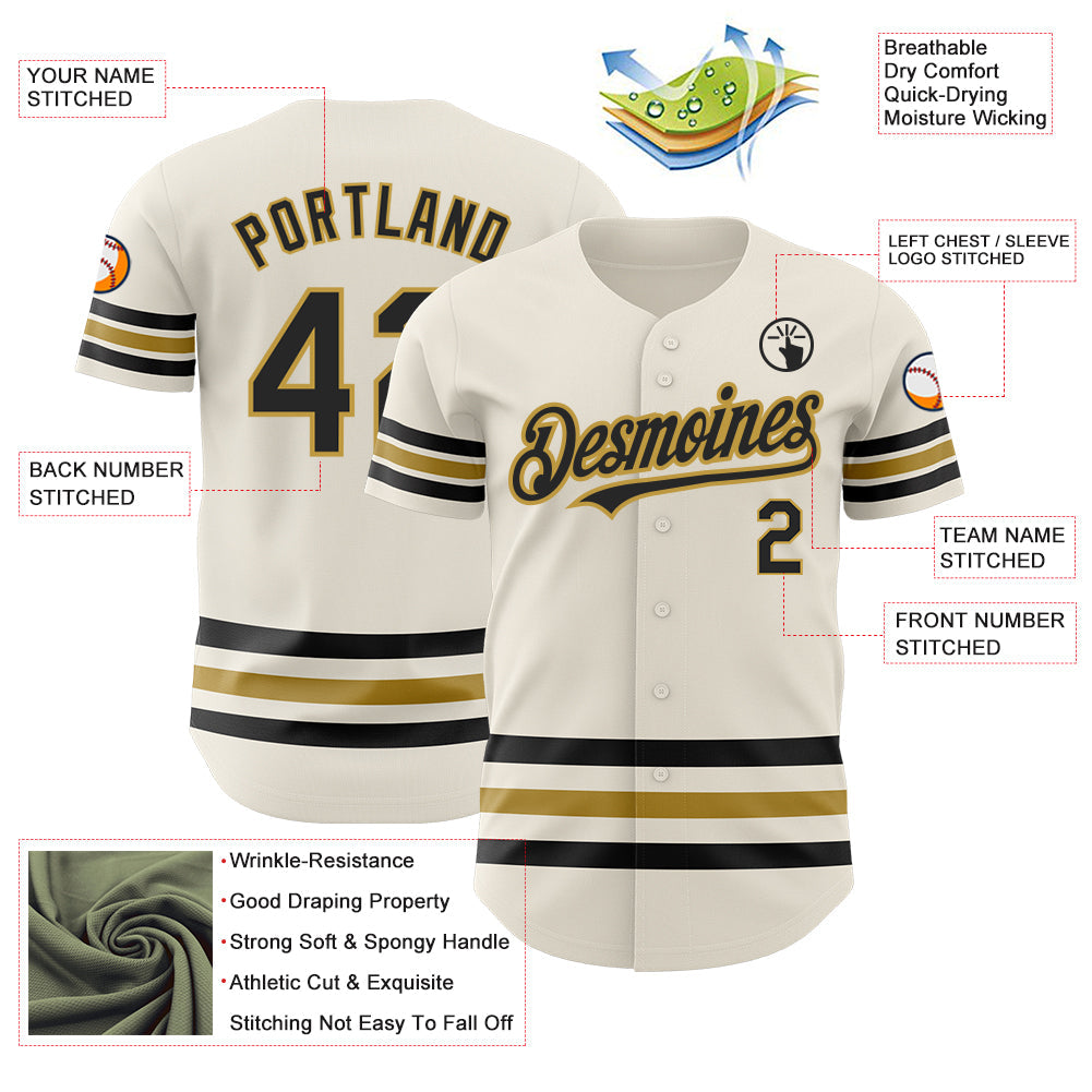 Custom Cream Black-Old Gold Line Authentic Baseball Jersey view 3