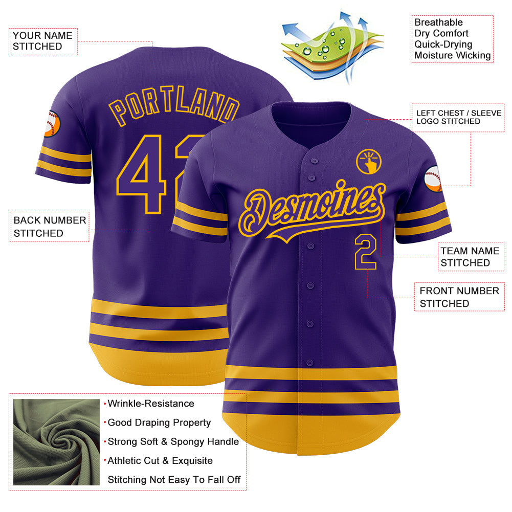Custom Purple Gold Line Authentic Baseball Jersey view 3