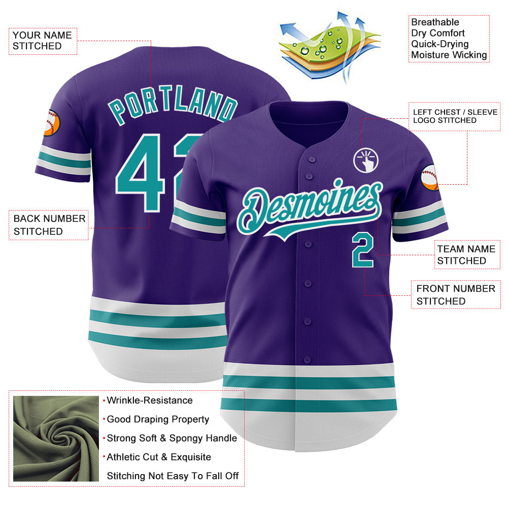 Custom Purple Teal-White Line Authentic Baseball Jersey view 3