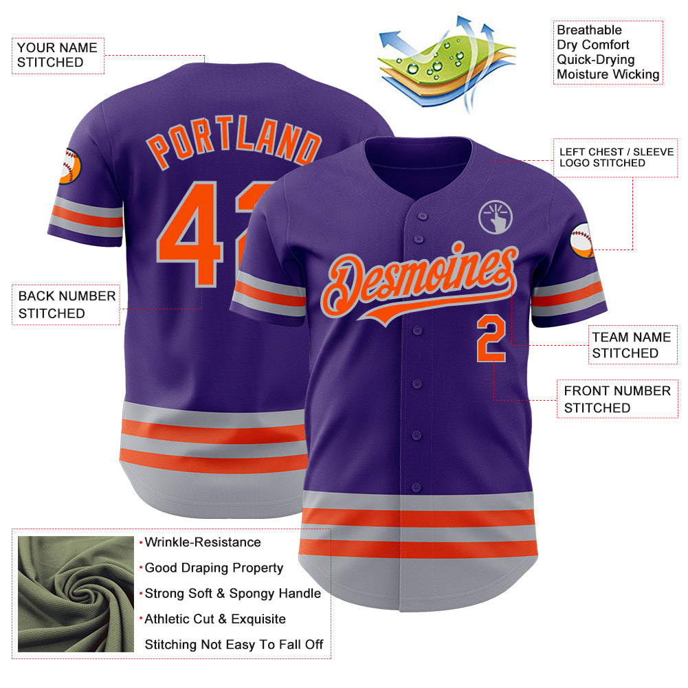 Custom Purple Orange-Gray Line Authentic Baseball Jersey view 3