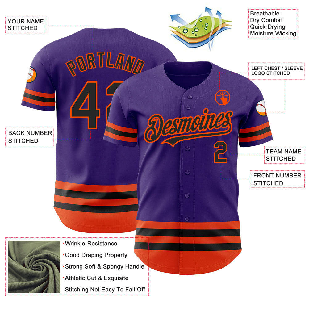 Custom Purple Black-Orange Line Authentic Baseball Jersey view 3