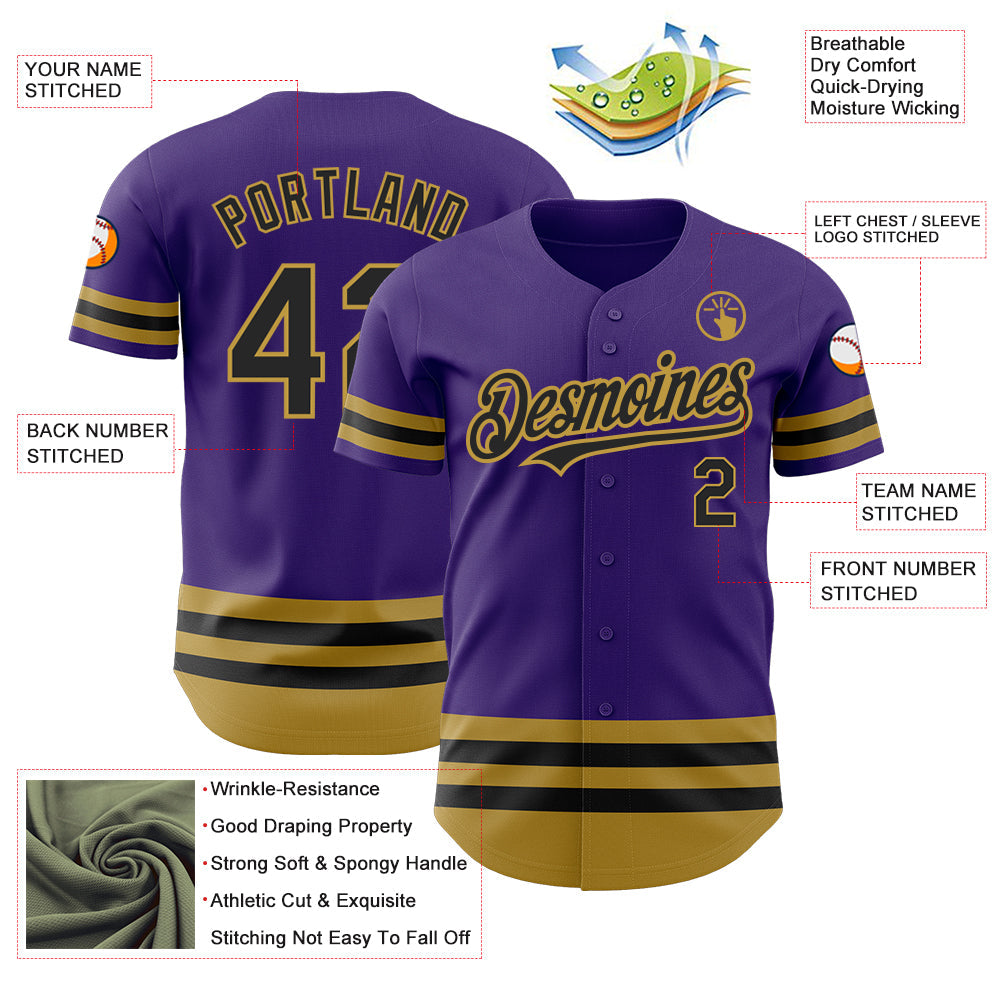 Custom Purple Black-Old Gold Line Authentic Baseball Jersey view 3