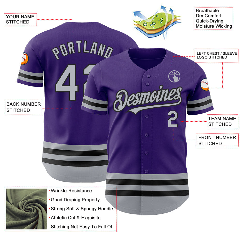 Custom Purple Gray-Black Line Authentic Baseball Jersey view 3