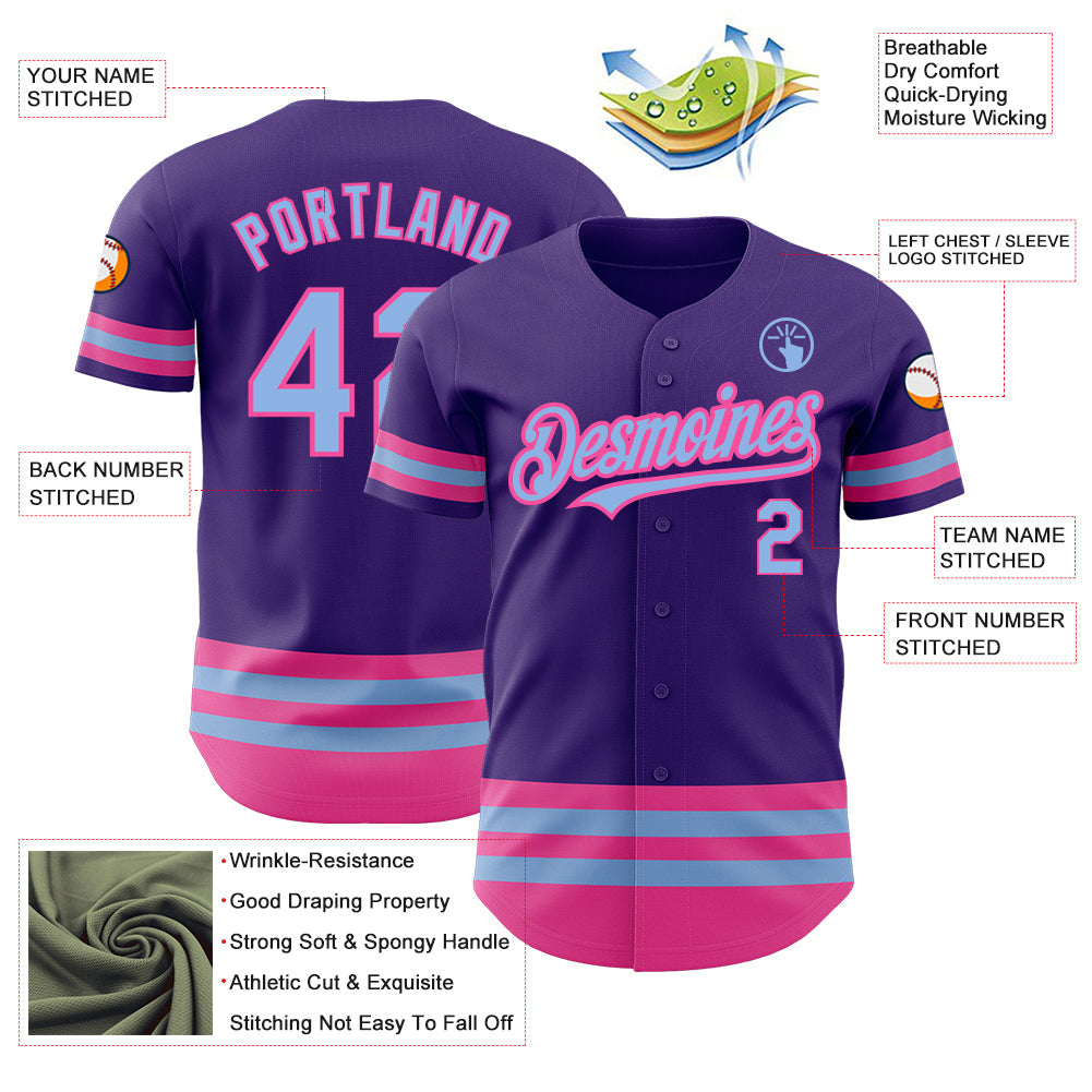 Custom Purple Light Blue-Pink Line Authentic Baseball Jersey view 3