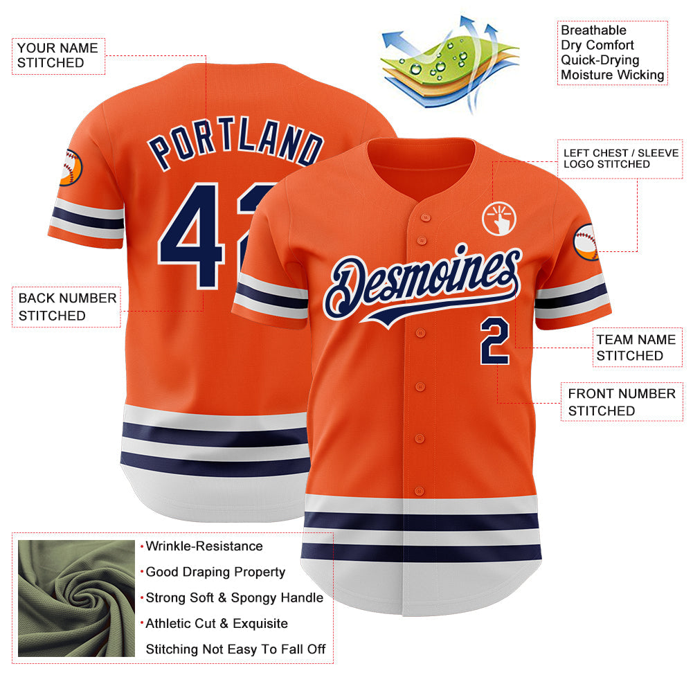 Custom Orange Navy-White Line Authentic Baseball Jersey view 3