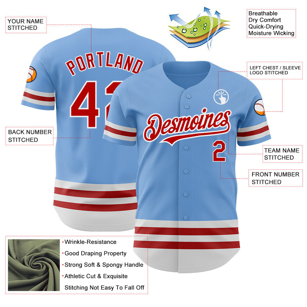 Custom Light Blue Red-White Line Authentic Baseball Jersey view 3
