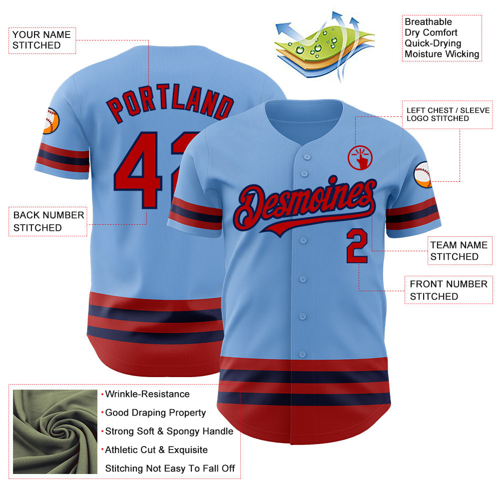Custom Light Blue Red-Navy Line Authentic Baseball Jersey view 3