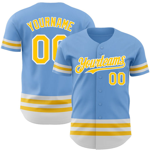 Custom Light Blue Yellow-White Line Authentic Baseball Jersey - Main View