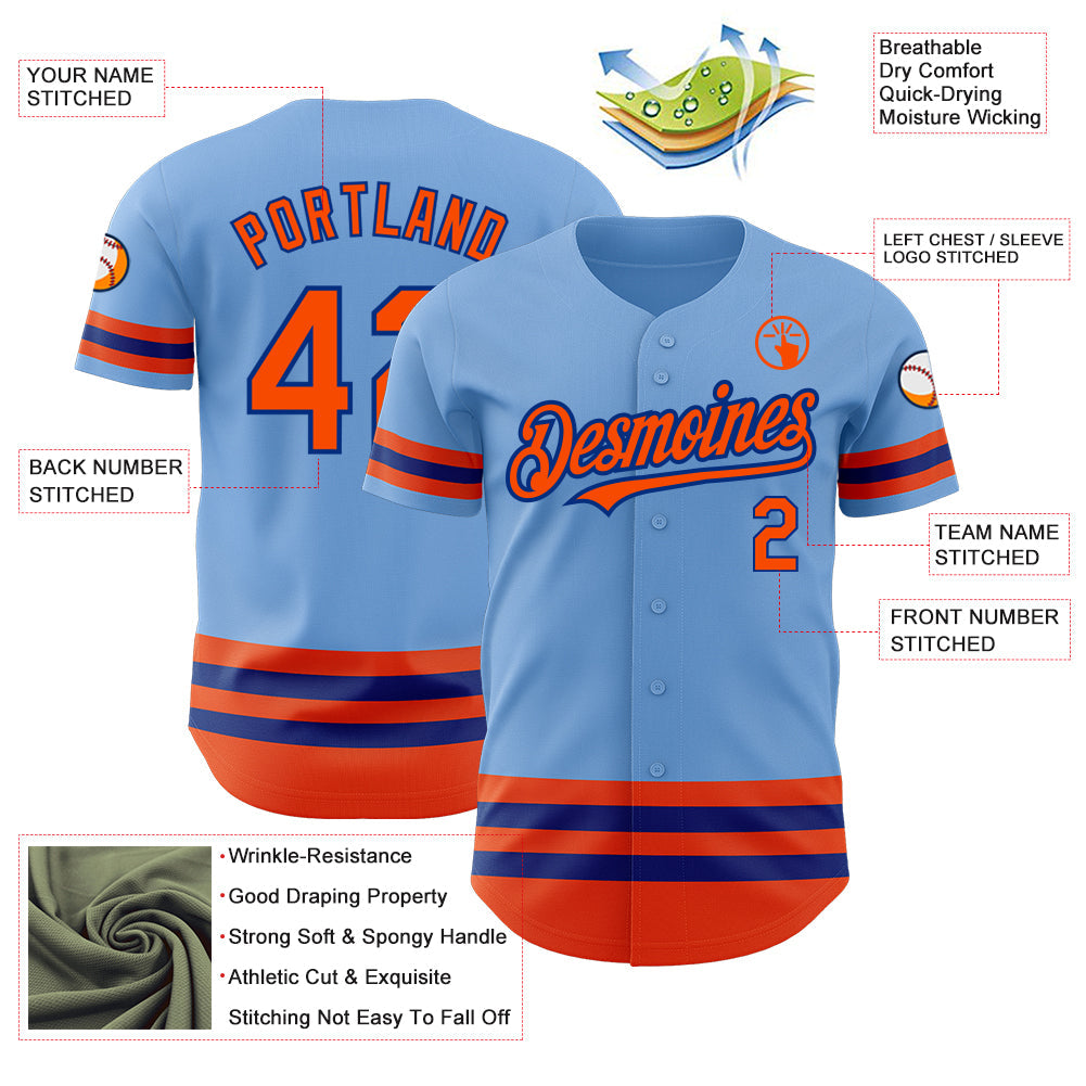 Custom Light Blue Orange-Royal Line Authentic Baseball Jersey view 3