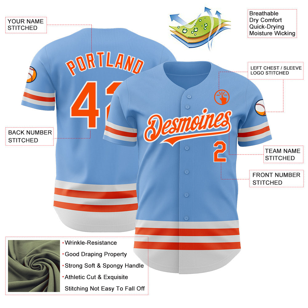 Custom Light Blue Orange-White Line Authentic Baseball Jersey view 3