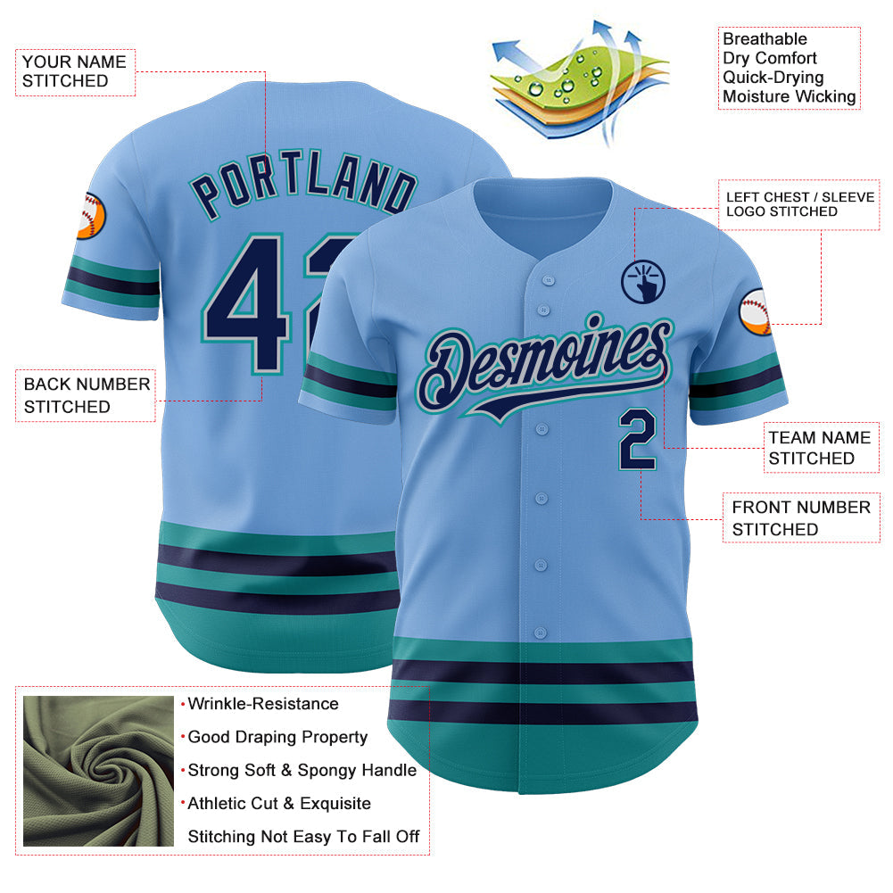 Custom Light Blue Navy Gray-Teal Line Authentic Baseball Jersey view 3