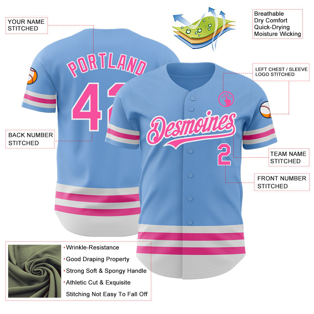 Custom Light Blue Pink-White Line Authentic Baseball Jersey view 3