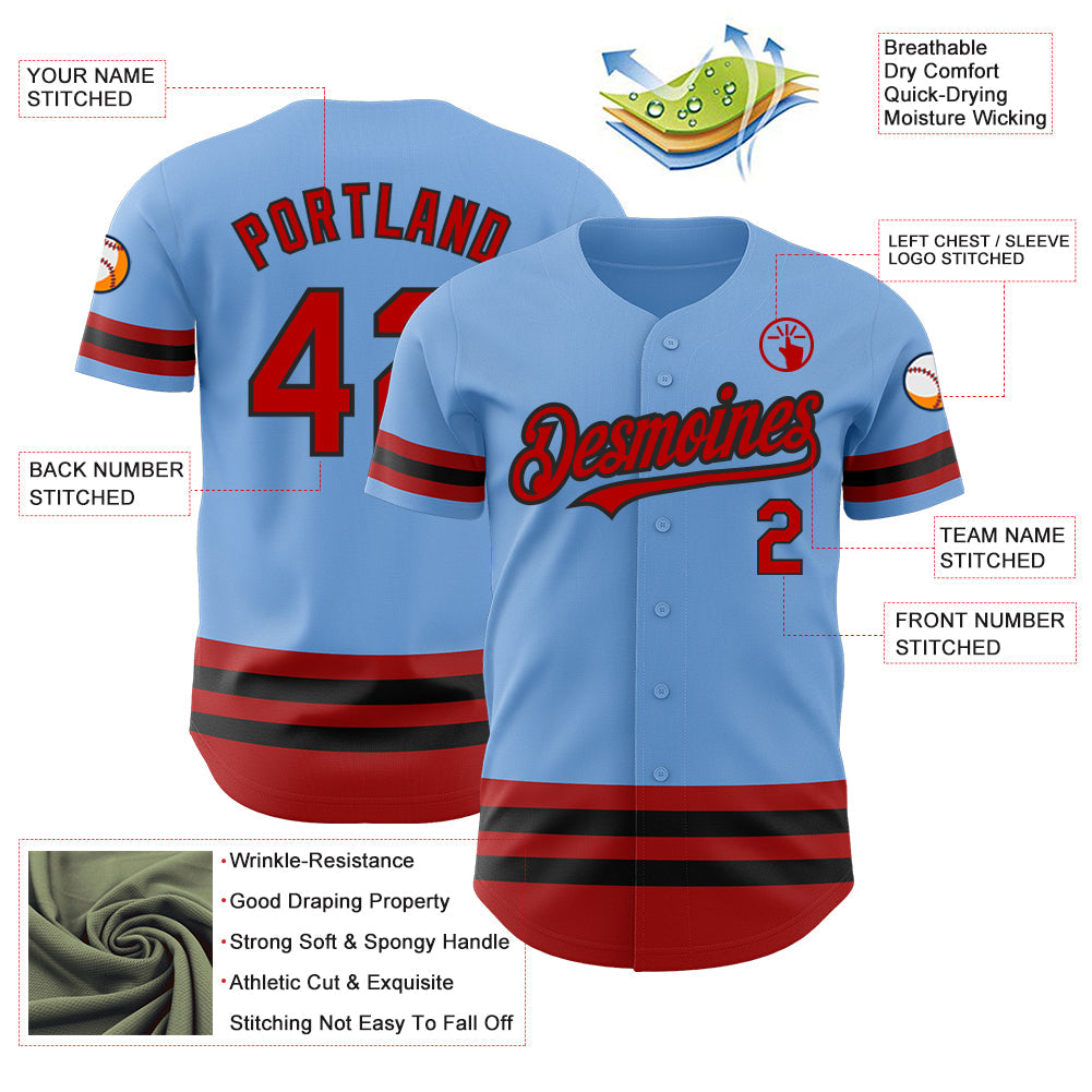 Custom Light Blue Red-Black Line Authentic Baseball Jersey view 3