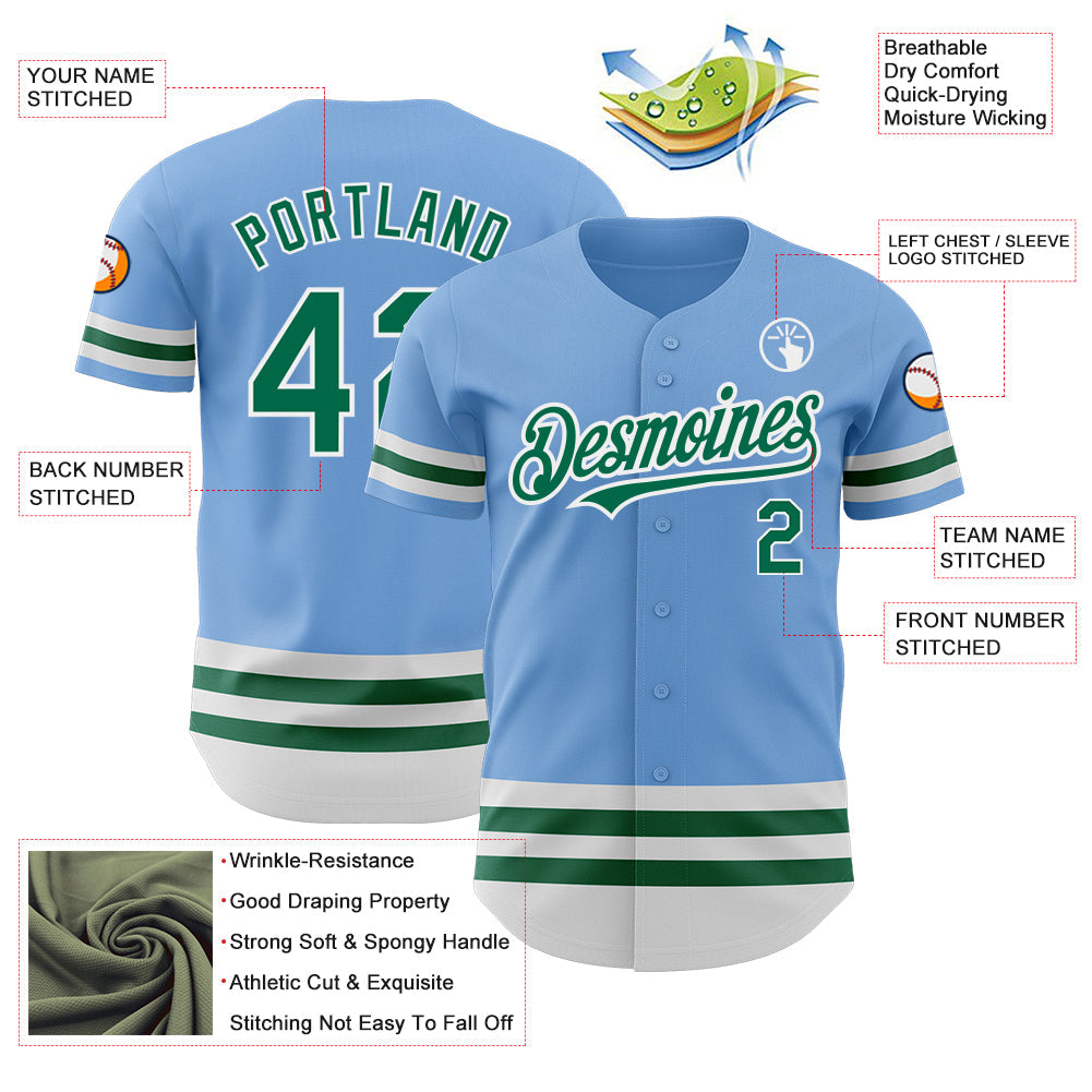 Custom Light Blue Kelly Green-White Line Authentic Baseball Jersey view 3