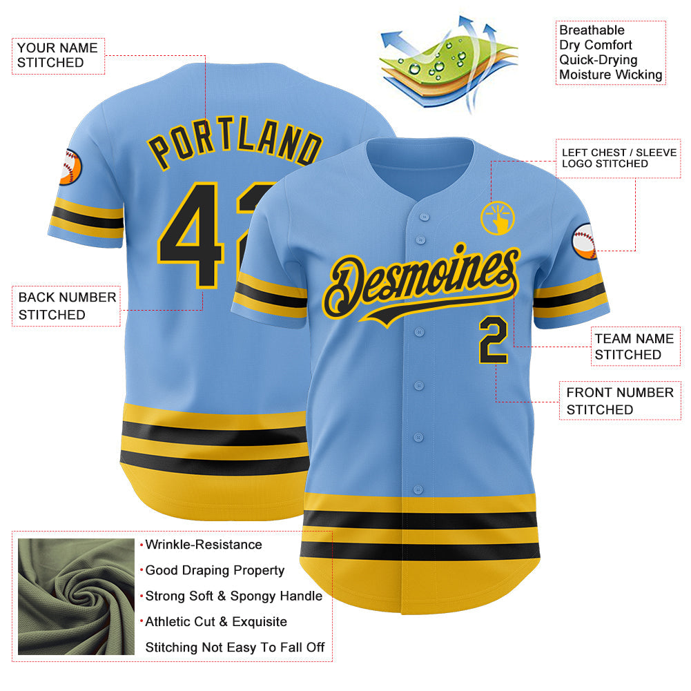 Custom Light Blue Black-Yellow Line Authentic Baseball Jersey view 3