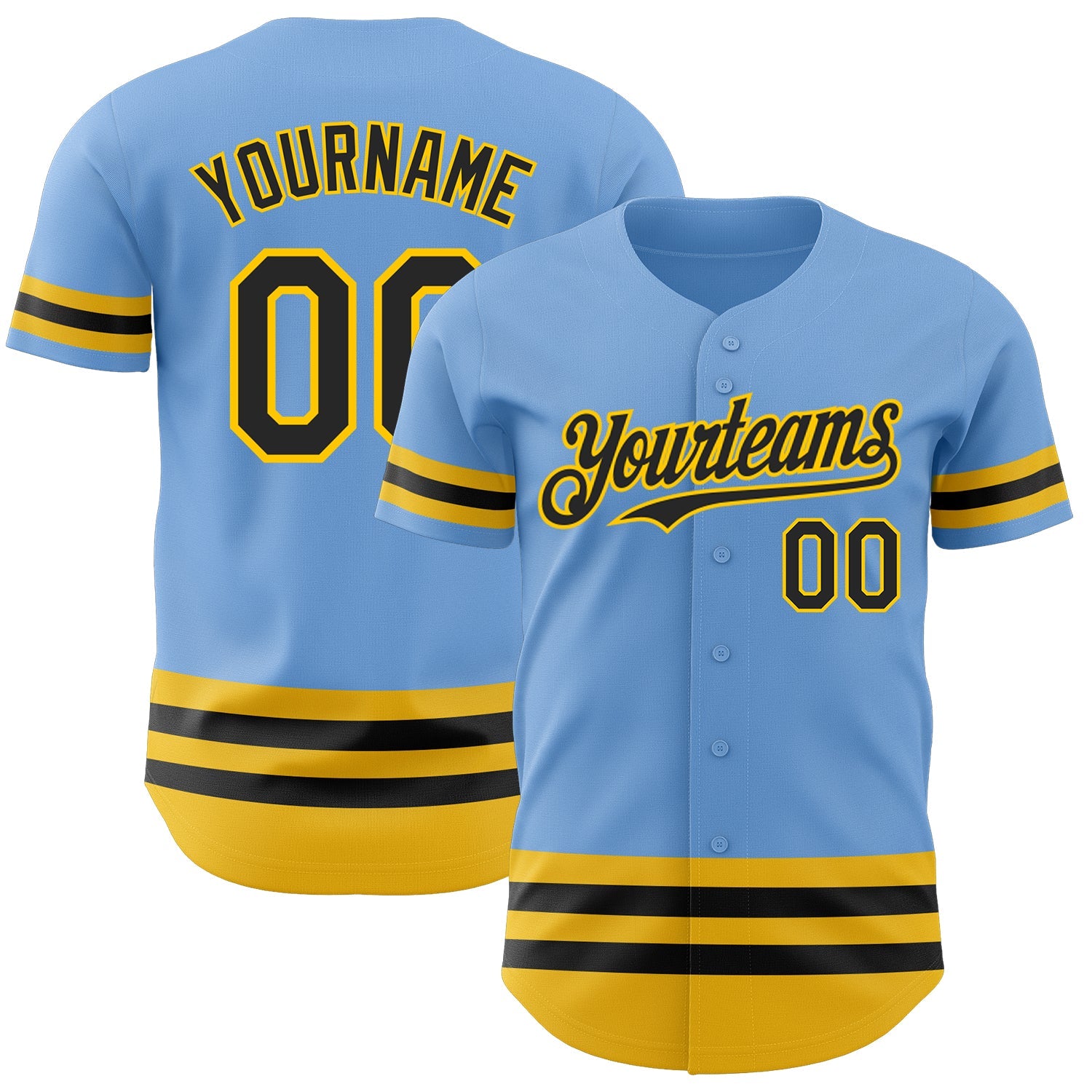 Custom Light Blue Black-Yellow Line Authentic Baseball Jersey - Main View
