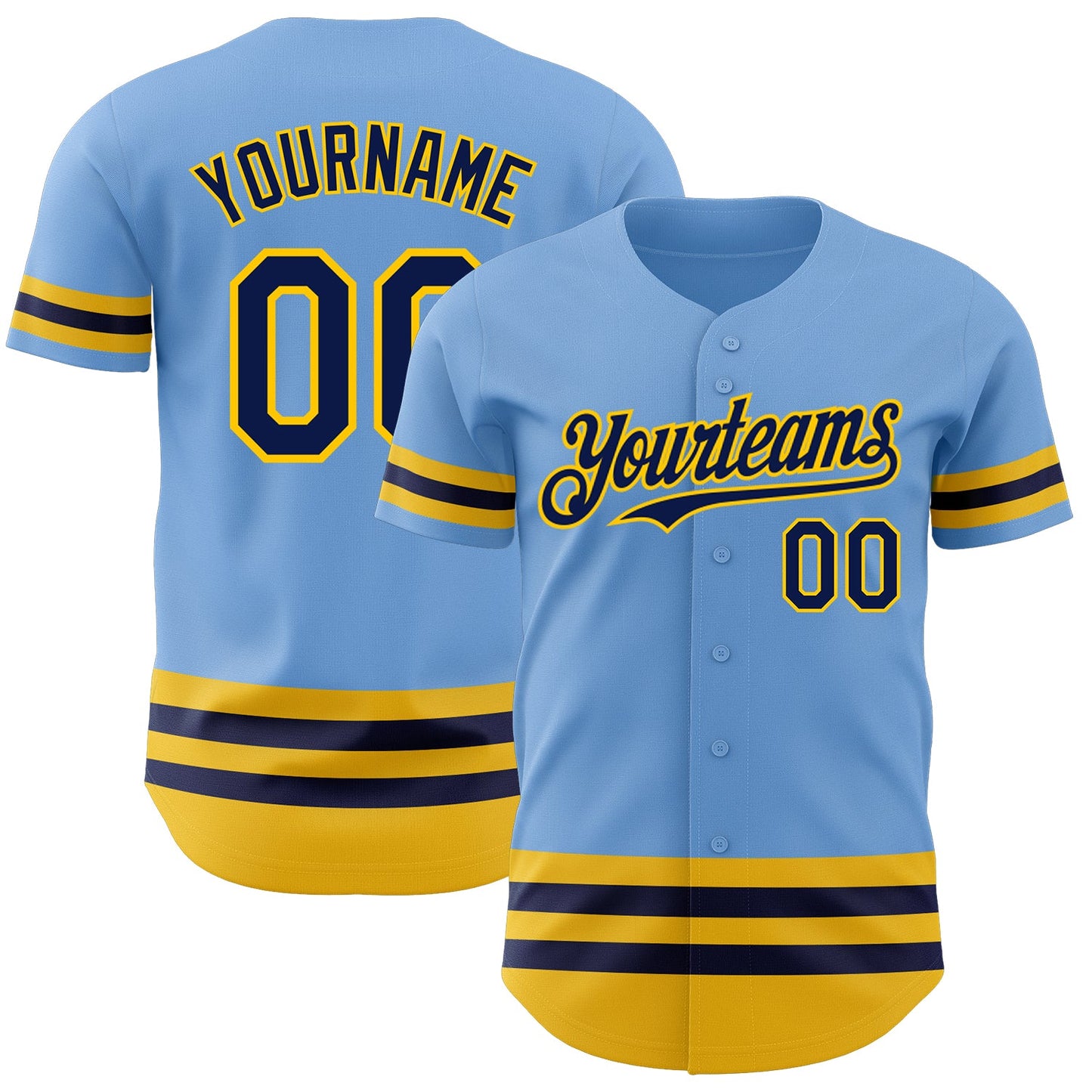 Custom Light Blue Navy-Yellow Line Authentic Baseball Jersey - Main View