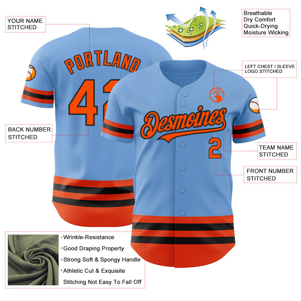 Custom Light Blue Orange-Black Line Authentic Baseball Jersey view 3