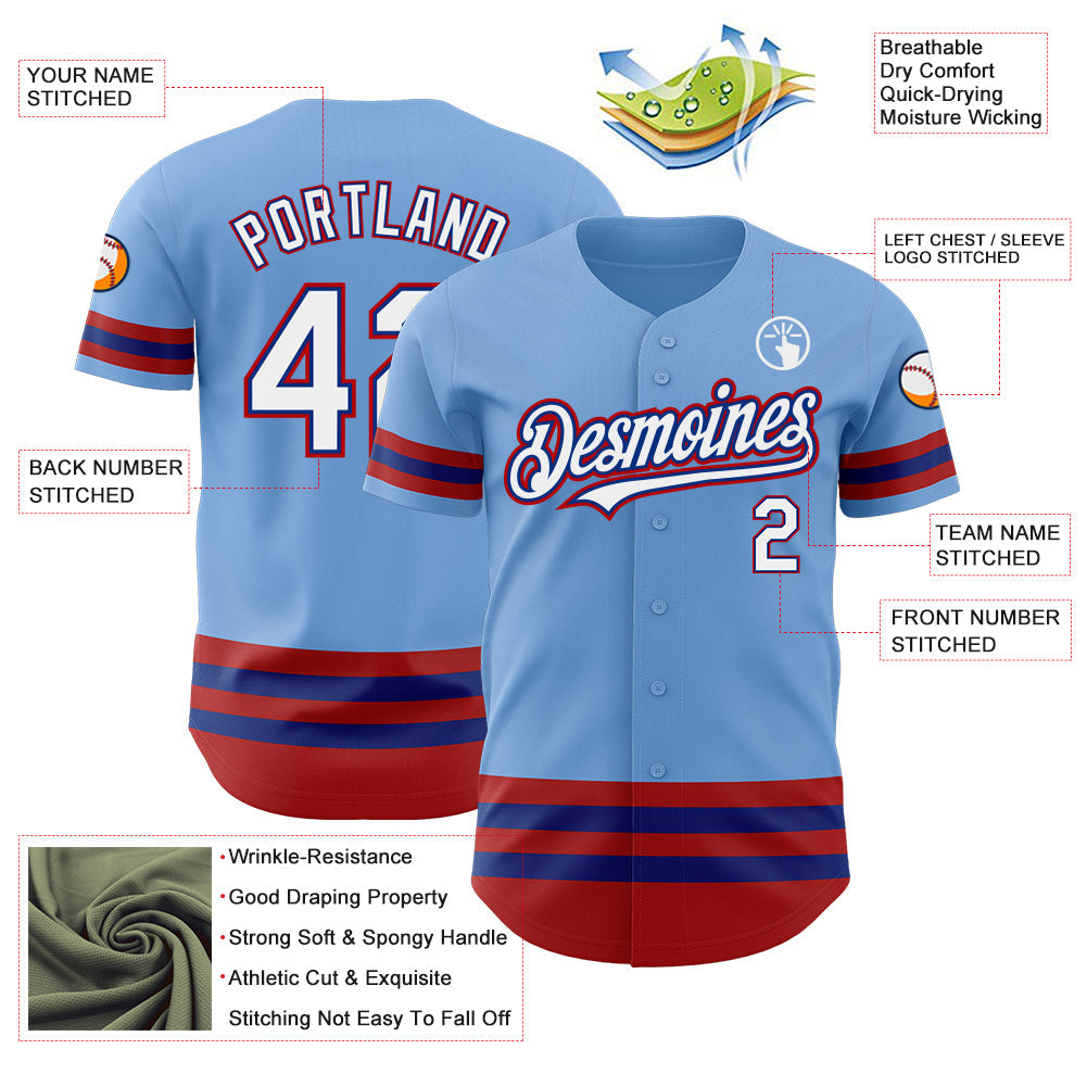 Custom Light Blue Royal-Red Line Authentic Baseball Jersey view 3