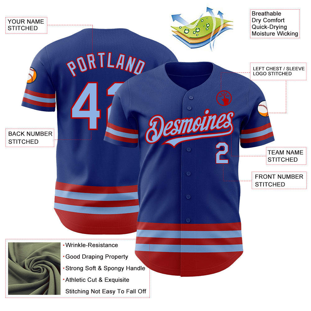 Custom Royal Light Blue-Red Line Authentic Baseball Jersey view 3