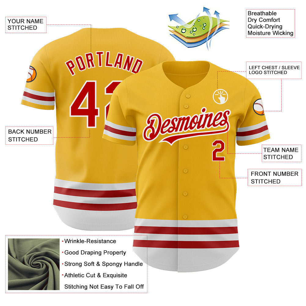 Custom Gold Red-White Line Authentic Baseball Jersey view 3