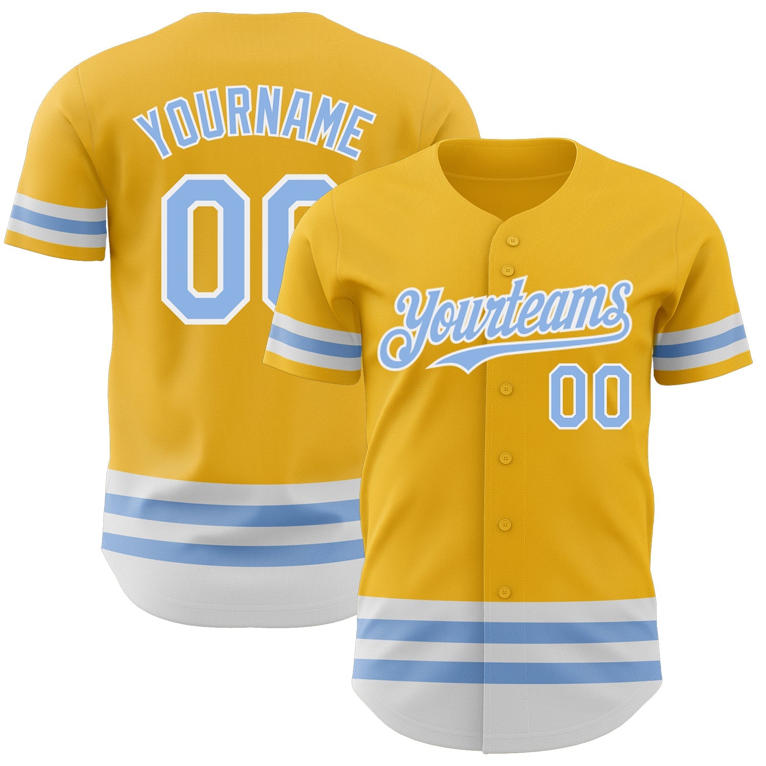 Custom Gold Light Blue-White Line Authentic Baseball Jersey - Main View