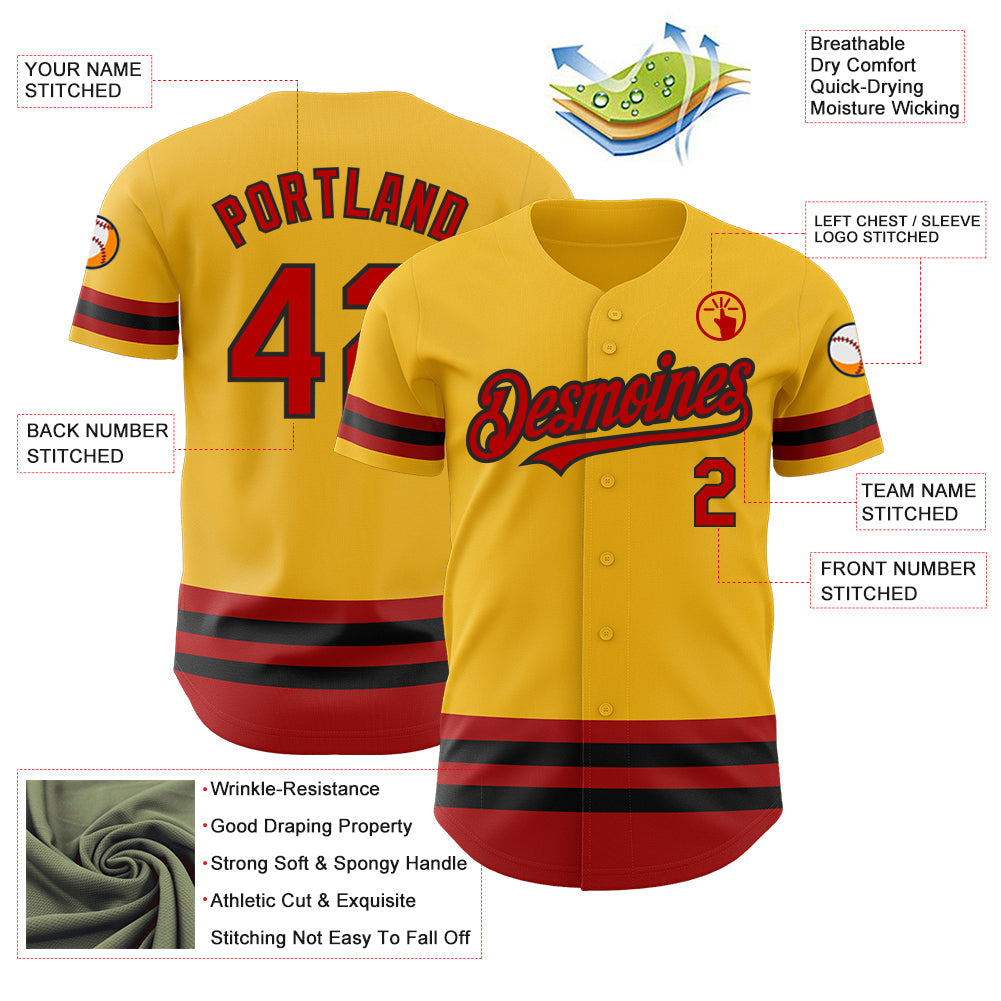 Custom Gold Red-Black Line Authentic Baseball Jersey view 3