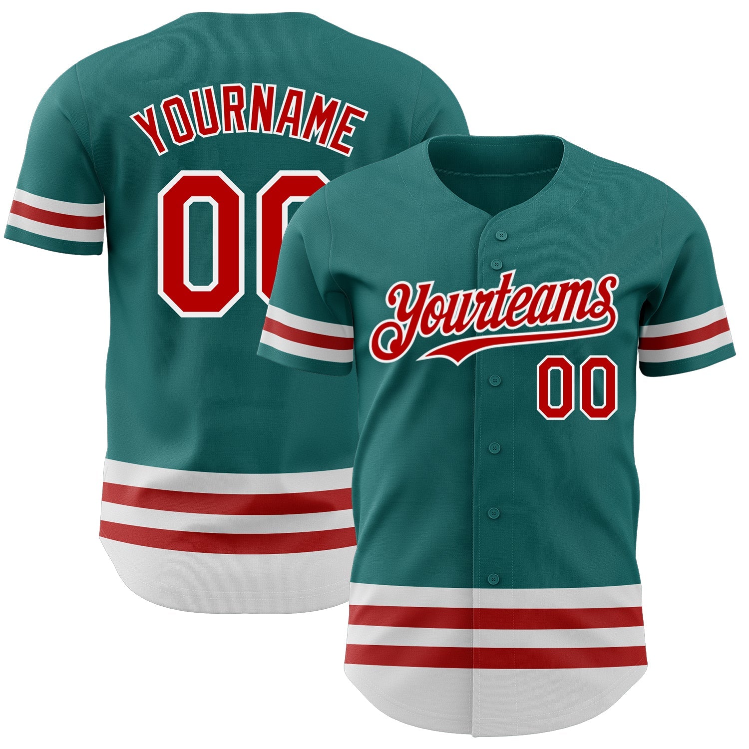 Custom Teal Red-White Line Authentic Baseball Jersey - Main View