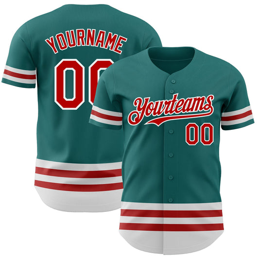 Custom Teal Red-White Line Authentic Baseball Jersey - Main View