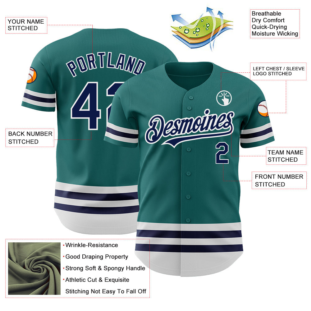 Custom Teal Navy-White Line Authentic Baseball Jersey view 3