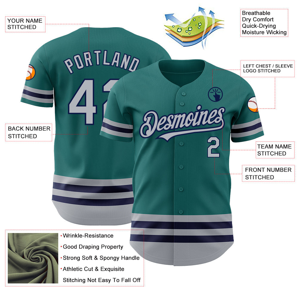Custom Teal Gray-Navy Line Authentic Baseball Jersey view 3
