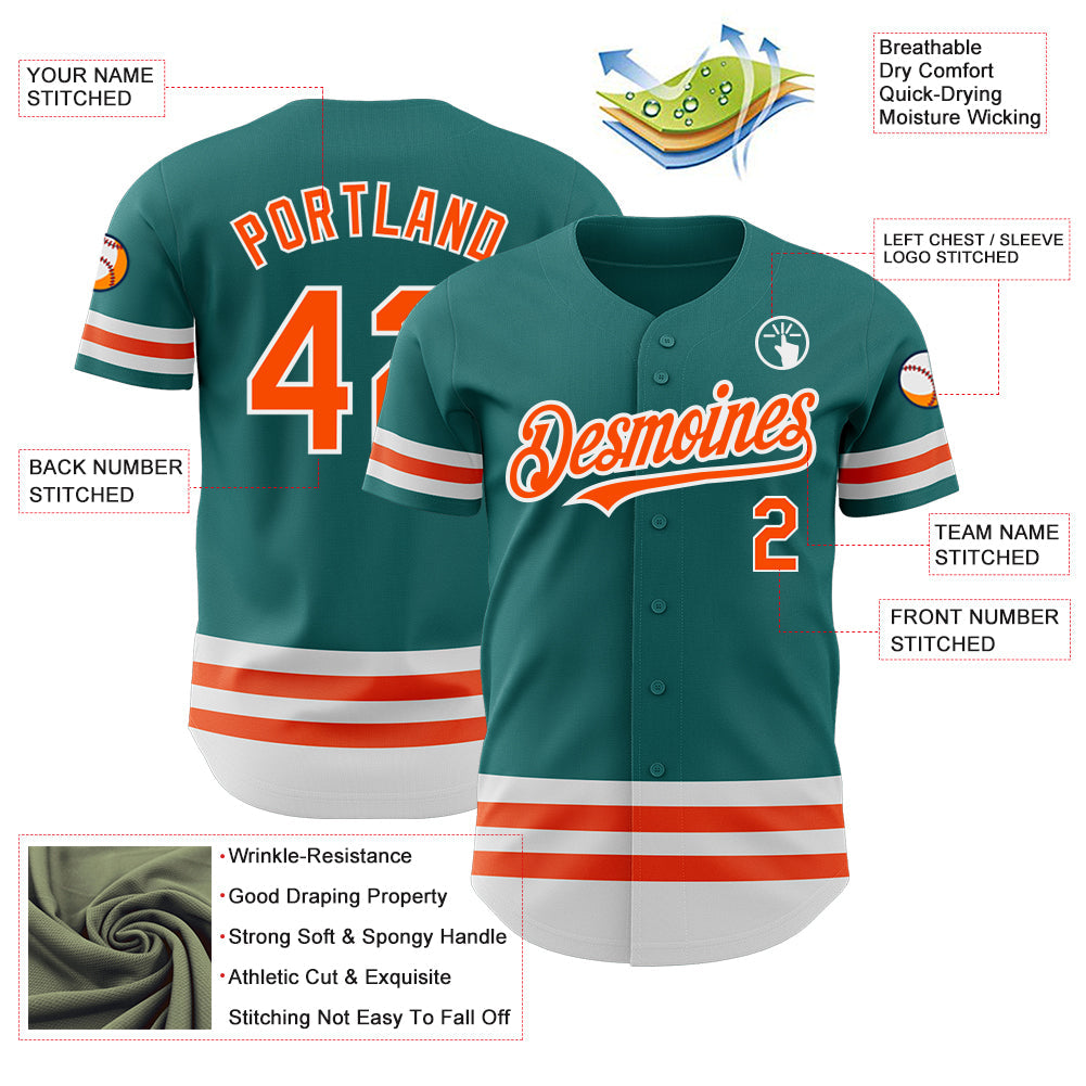 Custom Teal Orange-White Line Authentic Baseball Jersey view 3