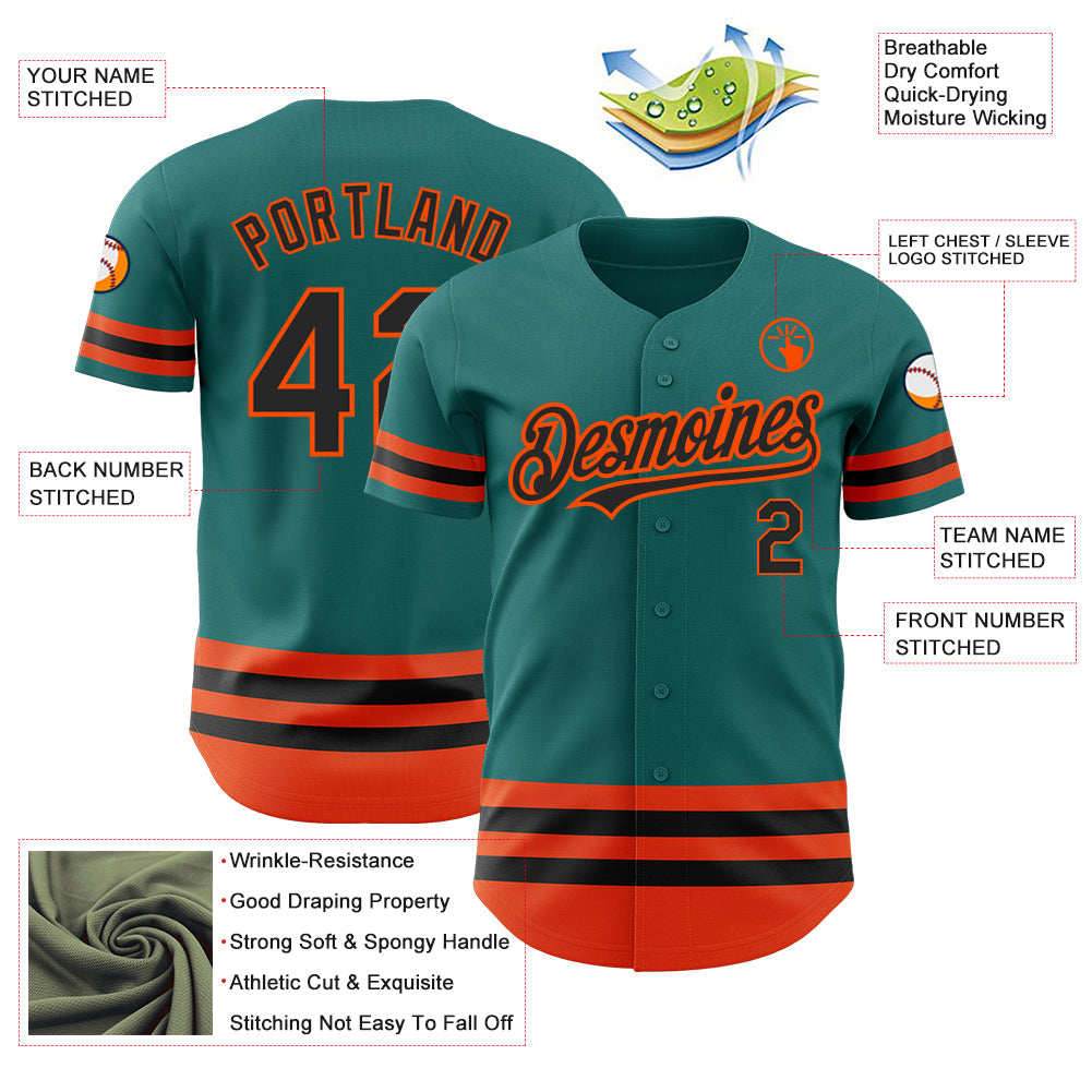 Custom Teal Black-Orange Line Authentic Baseball Jersey view 3